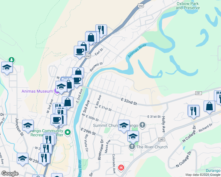 map of restaurants, bars, coffee shops, grocery stores, and more near 3281 E 5th Ave in Durango