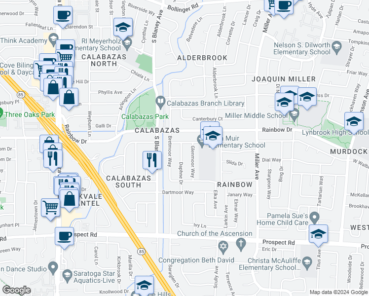 map of restaurants, bars, coffee shops, grocery stores, and more near 1274 Daphne Drive in San Jose