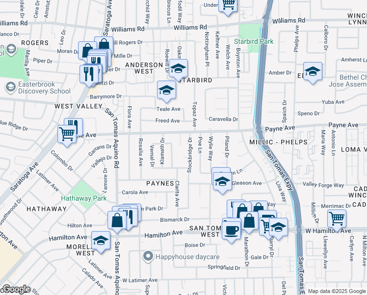 map of restaurants, bars, coffee shops, grocery stores, and more near 3928 Caxton Court in San Jose