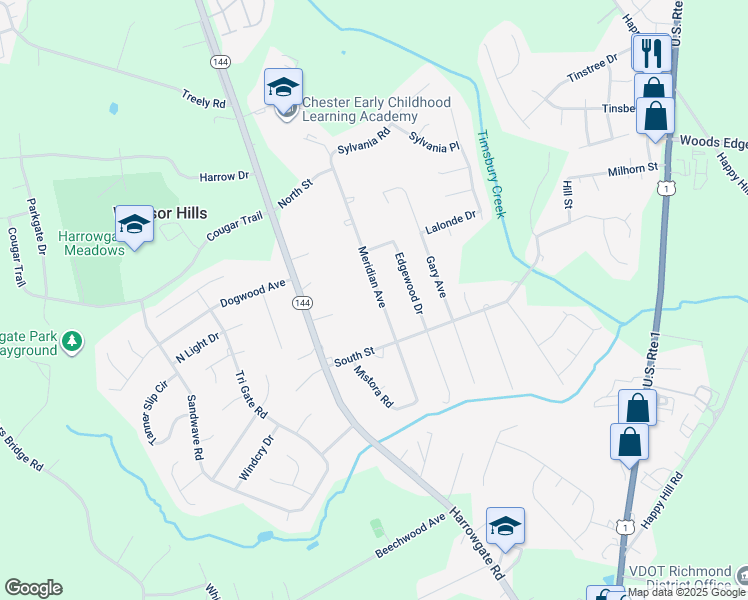 map of restaurants, bars, coffee shops, grocery stores, and more near 16000 Meridian Avenue in Chester