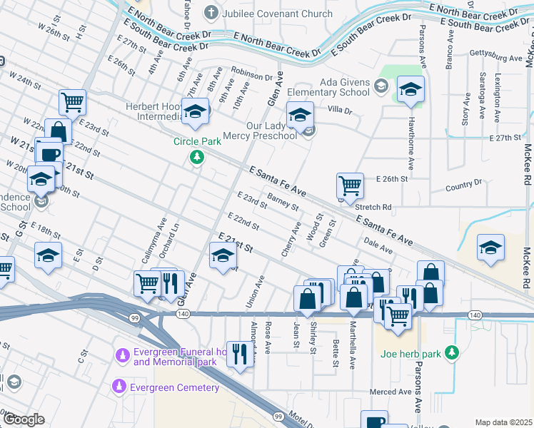 map of restaurants, bars, coffee shops, grocery stores, and more near 958 Barney Street in Merced