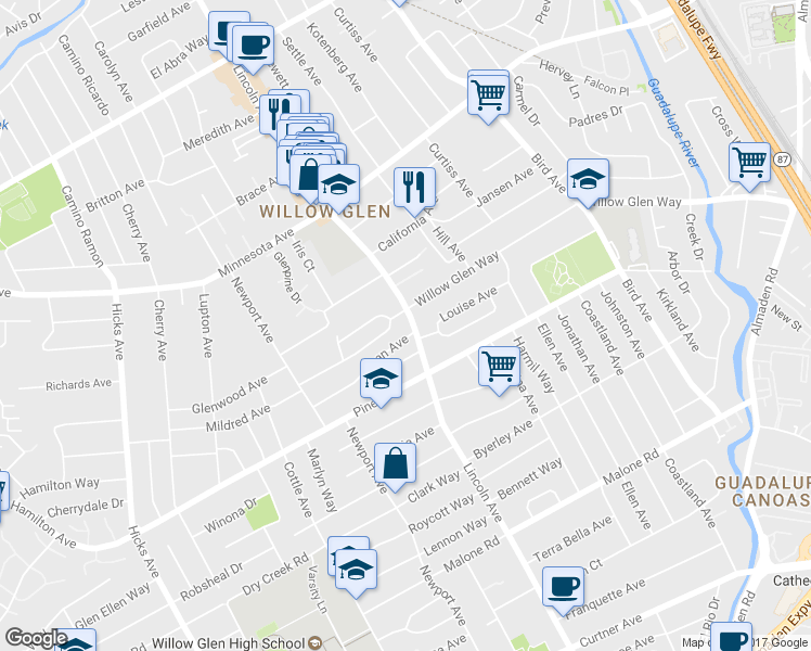 map of restaurants, bars, coffee shops, grocery stores, and more near 1595 Lincoln Avenue in San Jose