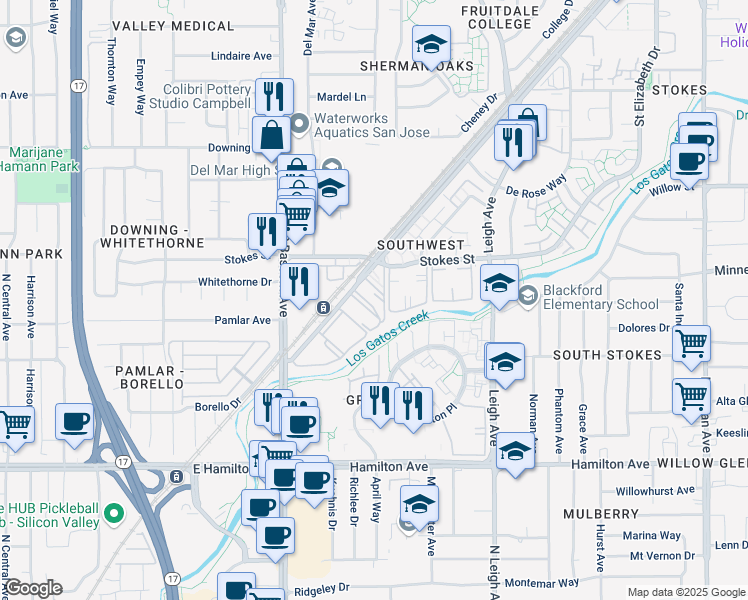 map of restaurants, bars, coffee shops, grocery stores, and more near 2020 Southwest Expressway in San Jose