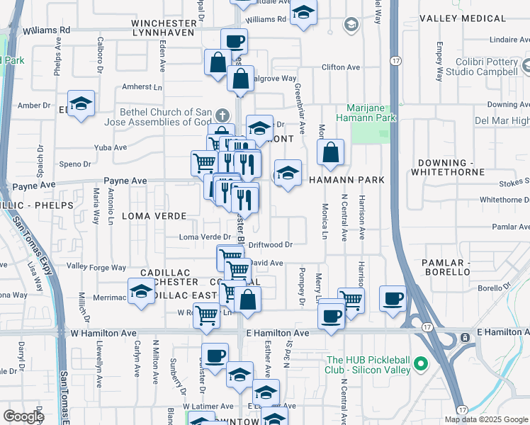 map of restaurants, bars, coffee shops, grocery stores, and more near 1331 Castlemont Avenue in San Jose