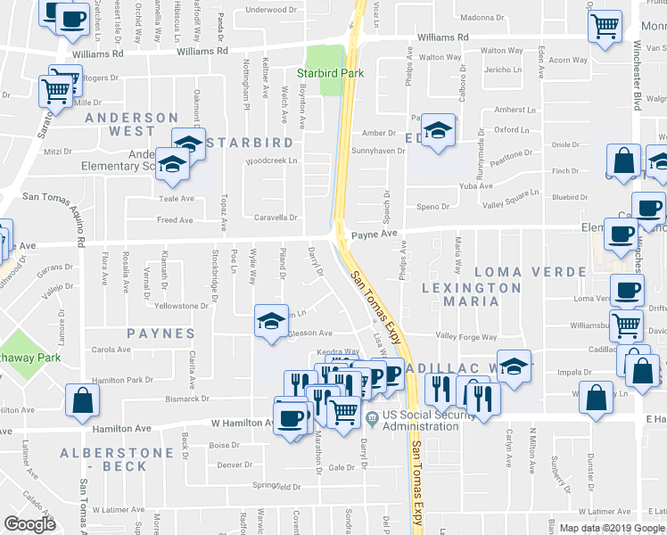 map of restaurants, bars, coffee shops, grocery stores, and more near in San Jose