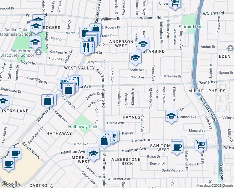 map of restaurants, bars, coffee shops, grocery stores, and more near 1314 Flora Avenue in San Jose