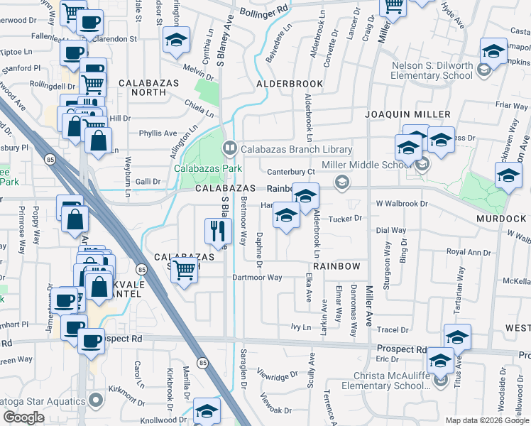 map of restaurants, bars, coffee shops, grocery stores, and more near 6755 Hanover Drive in San Jose