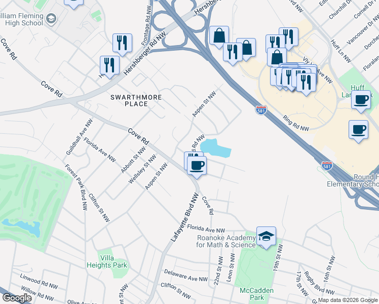 map of restaurants, bars, coffee shops, grocery stores, and more near 1701-2707 Fairland Road Northwest in Roanoke