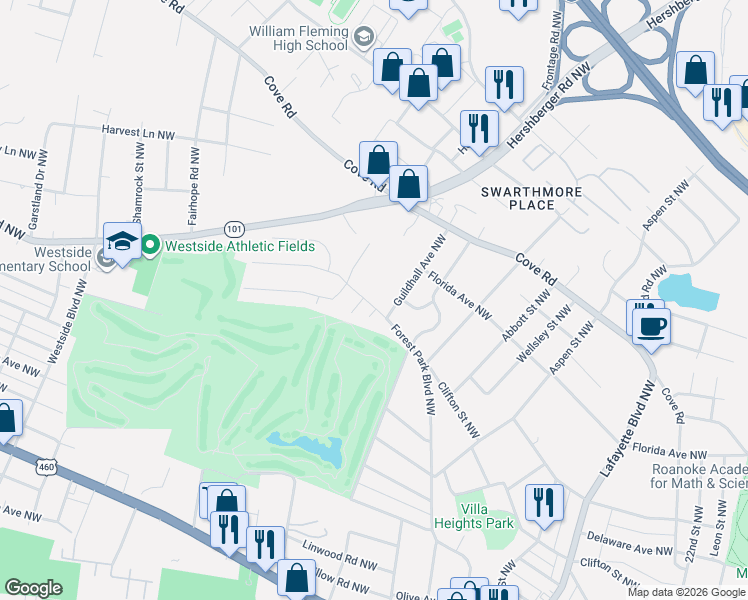map of restaurants, bars, coffee shops, grocery stores, and more near 3233 Forest Park Boulevard Northwest in Roanoke