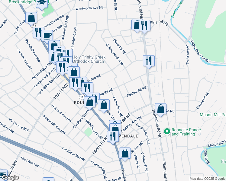 map of restaurants, bars, coffee shops, grocery stores, and more near 3011 Kennedy Street Northeast in Roanoke