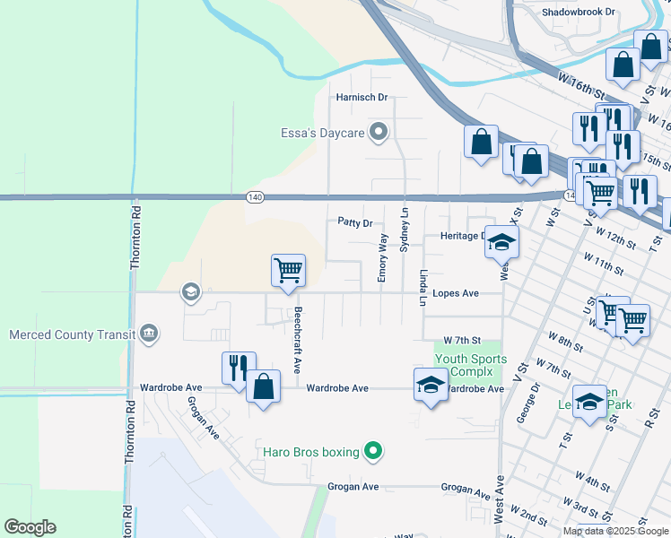 map of restaurants, bars, coffee shops, grocery stores, and more near 2076 Lynmarie Drive in Merced
