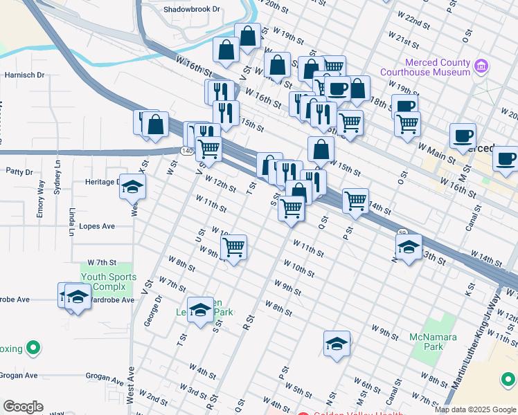 map of restaurants, bars, coffee shops, grocery stores, and more near 1231 West 12th Place in Merced