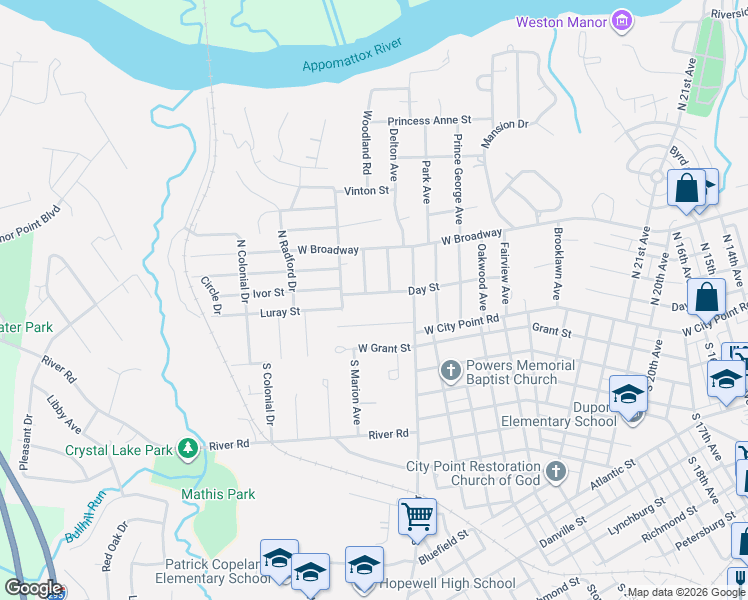 map of restaurants, bars, coffee shops, grocery stores, and more near 3103 Day Street in Hopewell