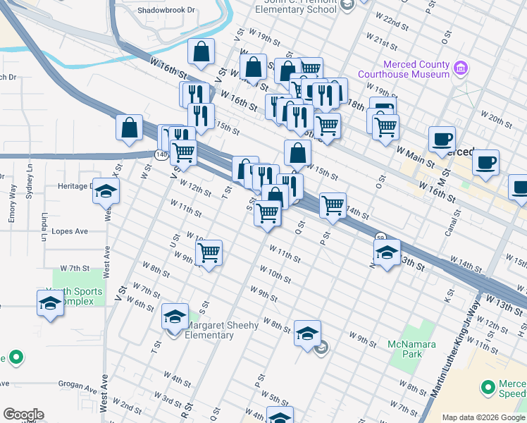 map of restaurants, bars, coffee shops, grocery stores, and more near 1160 West 13th Street in Merced