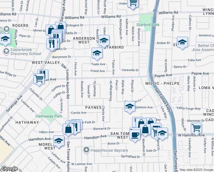 map of restaurants, bars, coffee shops, grocery stores, and more near 3928 Caxton Court in San Jose