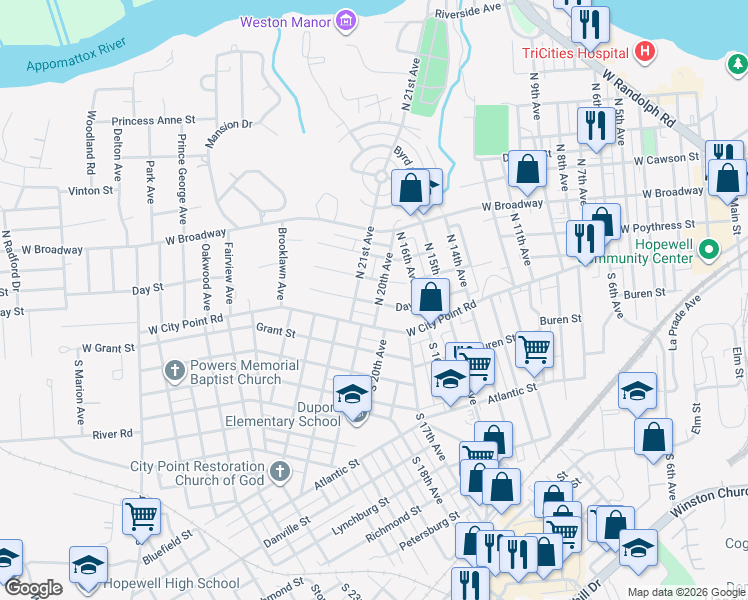 map of restaurants, bars, coffee shops, grocery stores, and more near 2000 Dolin Street in Hopewell
