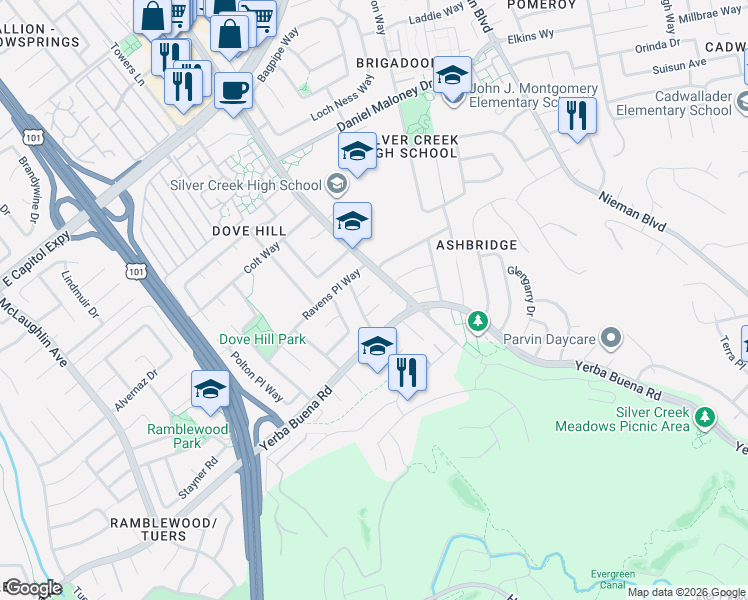map of restaurants, bars, coffee shops, grocery stores, and more near 1725 Silver Glen Court in San Jose