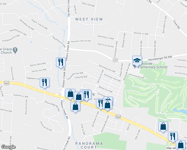 map of restaurants, bars, coffee shops, grocery stores, and more near 4125 Tennessee Avenue Northwest in Roanoke