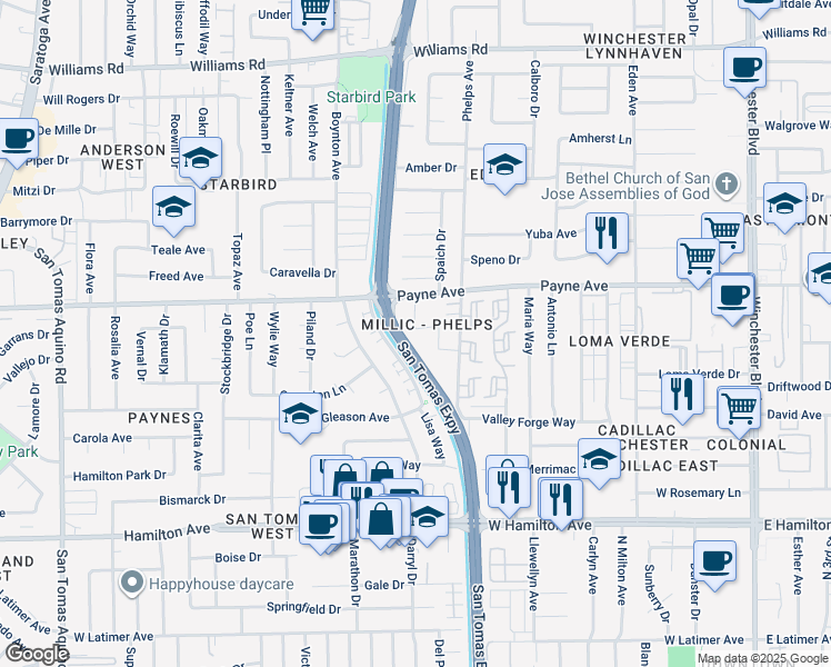map of restaurants, bars, coffee shops, grocery stores, and more near 3598 Payne Avenue in San Jose