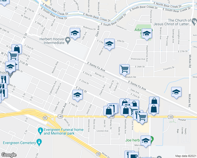 map of restaurants, bars, coffee shops, grocery stores, and more near 1012 East 23rd Street in Merced