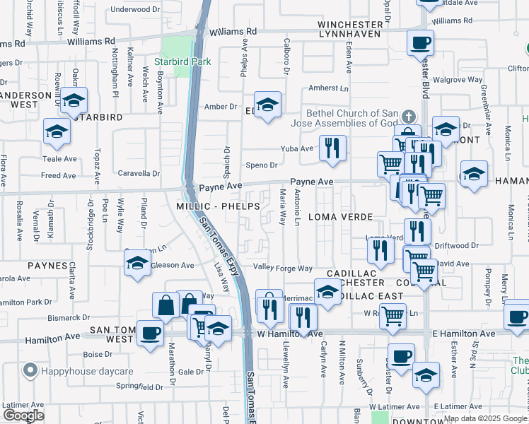 map of restaurants, bars, coffee shops, grocery stores, and more near 1369 Cherrywood Square in San Jose