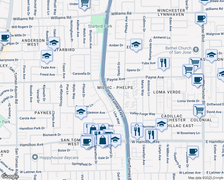 map of restaurants, bars, coffee shops, grocery stores, and more near 3598 Payne Avenue in San Jose