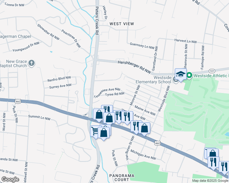 map of restaurants, bars, coffee shops, grocery stores, and more near 4225 Tennessee Avenue Northwest in Roanoke