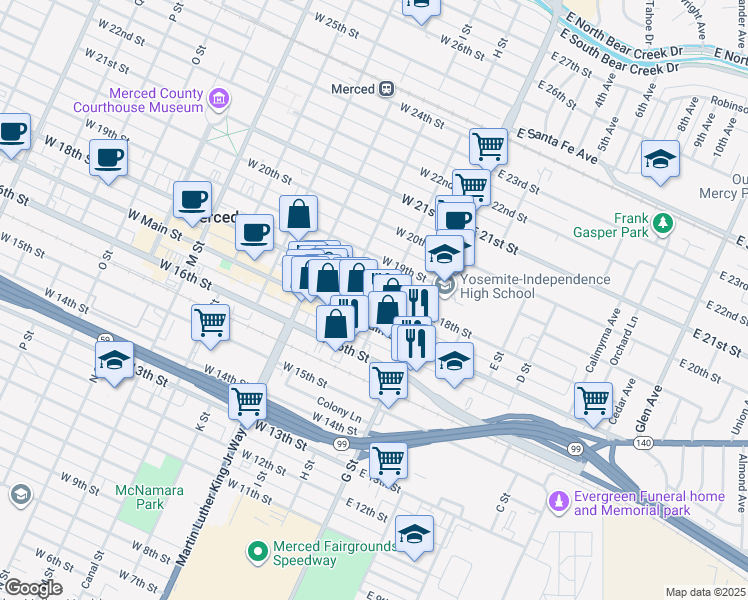 map of restaurants, bars, coffee shops, grocery stores, and more near 115 West 18th Street in Merced