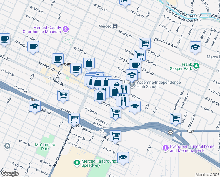 map of restaurants, bars, coffee shops, grocery stores, and more near 115 West 18th Street in Merced