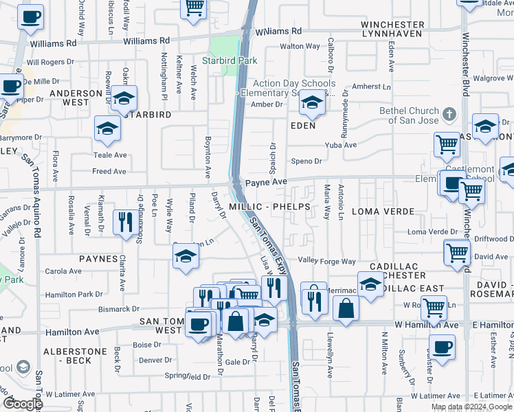 map of restaurants, bars, coffee shops, grocery stores, and more near 3596 Payne Avenue in San Jose