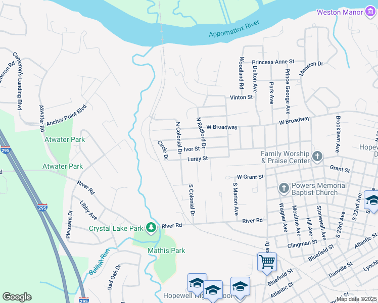 map of restaurants, bars, coffee shops, grocery stores, and more near 3408 Ivor Street in Hopewell