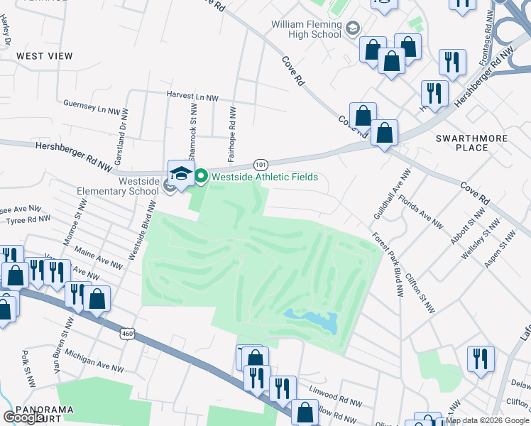 map of restaurants, bars, coffee shops, grocery stores, and more near 3442 Kershaw Road Northwest in Roanoke