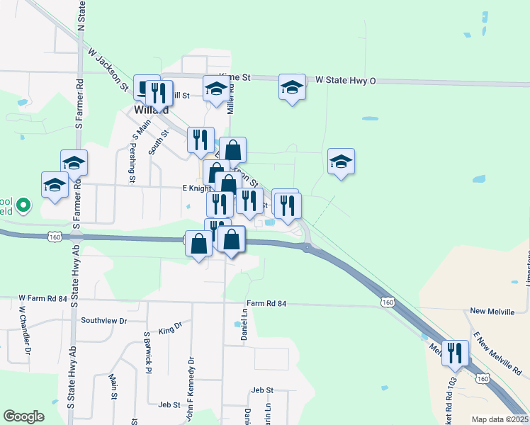 map of restaurants, bars, coffee shops, grocery stores, and more near 410 Lester Street in Willard