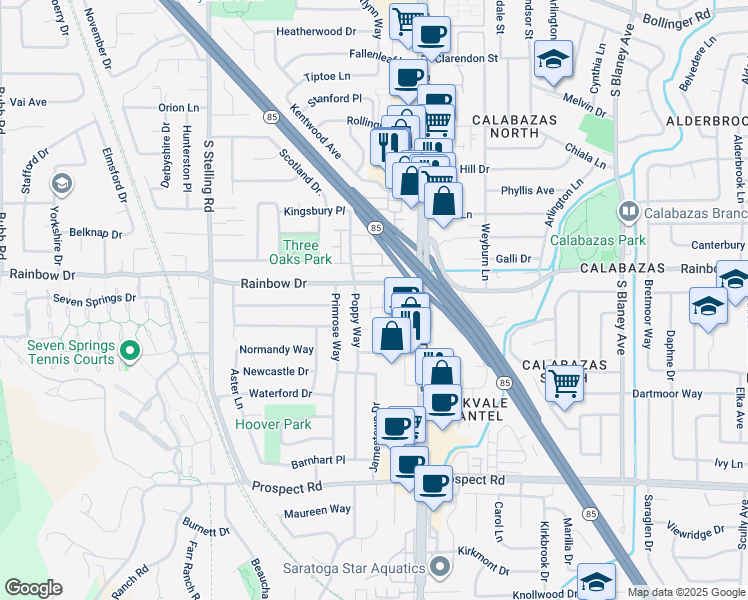 map of restaurants, bars, coffee shops, grocery stores, and more near 11510 Bianchini Lane in Cupertino