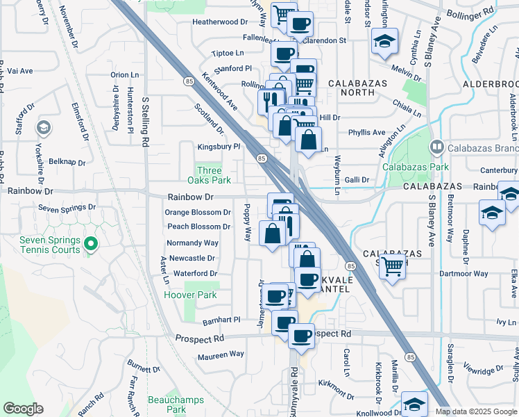 map of restaurants, bars, coffee shops, grocery stores, and more near 11510 Bianchini Lane in Cupertino