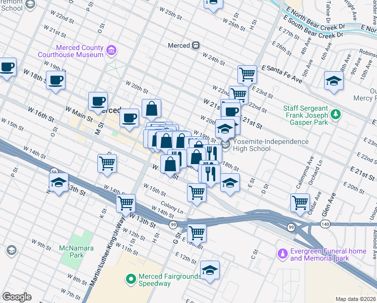 map of restaurants, bars, coffee shops, grocery stores, and more near 118 West 18th Street in Merced