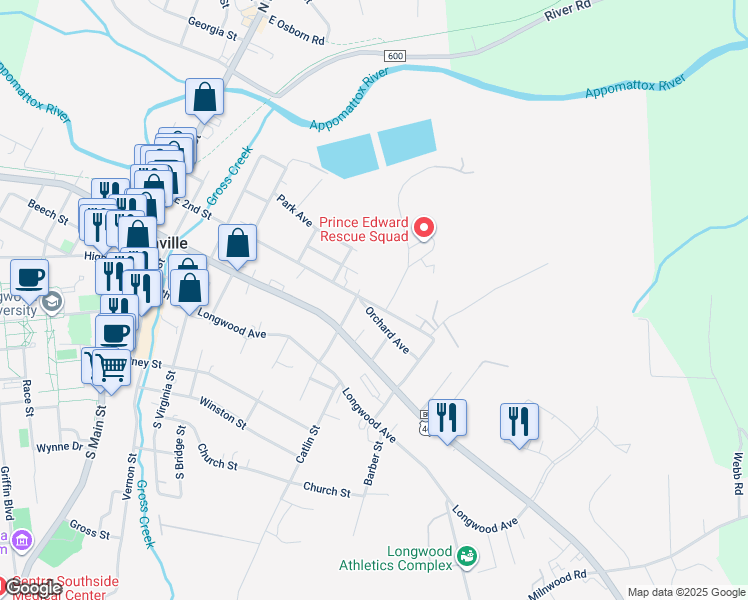 map of restaurants, bars, coffee shops, grocery stores, and more near 706 East 2nd Street in Farmville