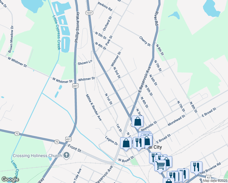map of restaurants, bars, coffee shops, grocery stores, and more near 601 North 2nd Street in Central City