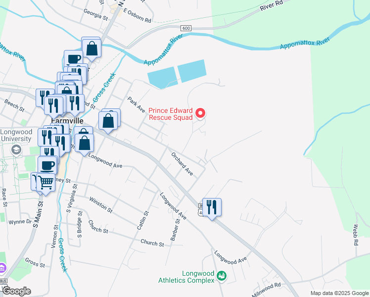 map of restaurants, bars, coffee shops, grocery stores, and more near 406 Doswell Street in Farmville