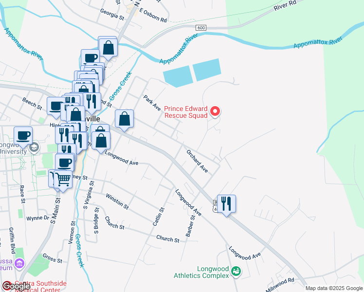 map of restaurants, bars, coffee shops, grocery stores, and more near 701 East 2nd Street in Farmville