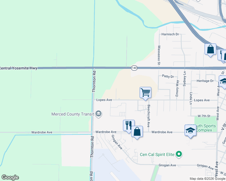 map of restaurants, bars, coffee shops, grocery stores, and more near 965 Bryant Court in Merced