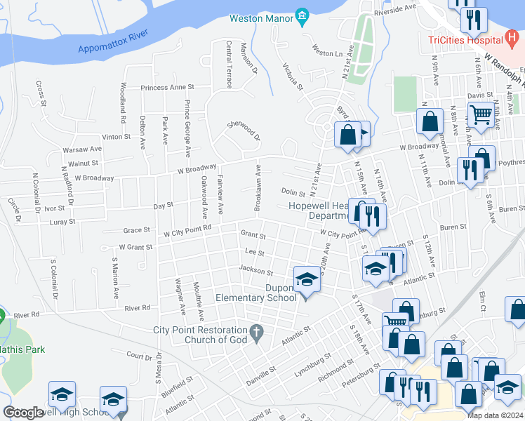 map of restaurants, bars, coffee shops, grocery stores, and more near 107 Brooklawn Avenue in Hopewell