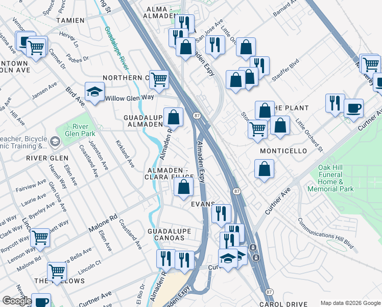 map of restaurants, bars, coffee shops, grocery stores, and more near 1850 Almaden Road in San Jose