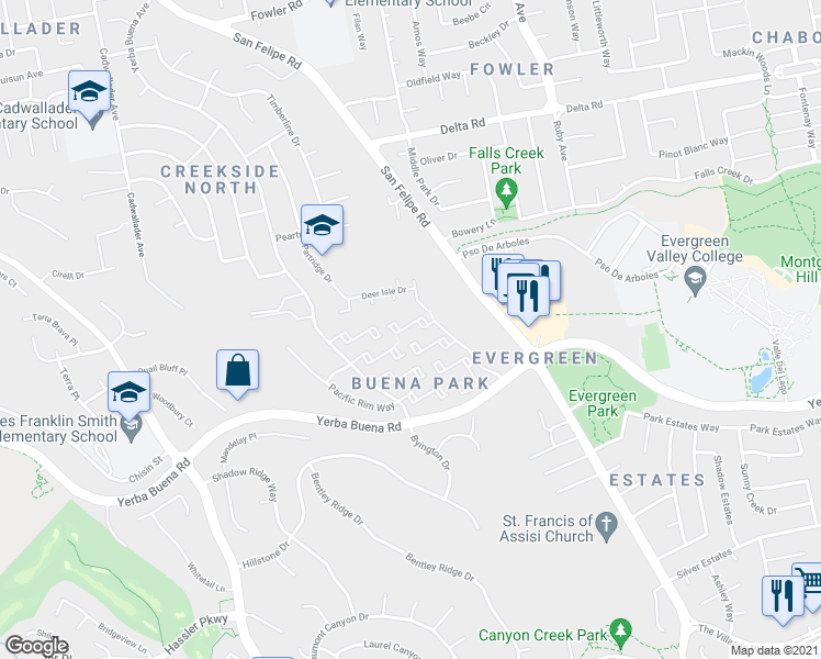 map of restaurants, bars, coffee shops, grocery stores, and more near 2735 Buena View Court in San Jose