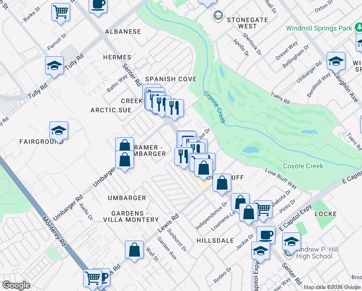map of restaurants, bars, coffee shops, grocery stores, and more near 619 Balfour Drive in San Jose