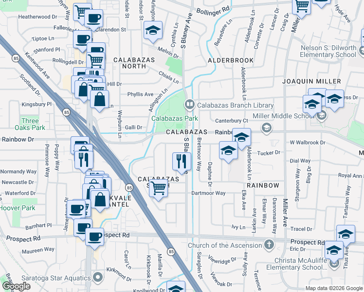 map of restaurants, bars, coffee shops, grocery stores, and more near 1282 South Blaney Avenue in San Jose