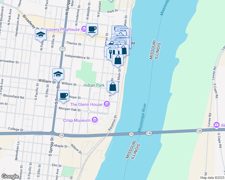 map of restaurants, bars, coffee shops, grocery stores, and more near 151 South Spanish Street in Cape Girardeau