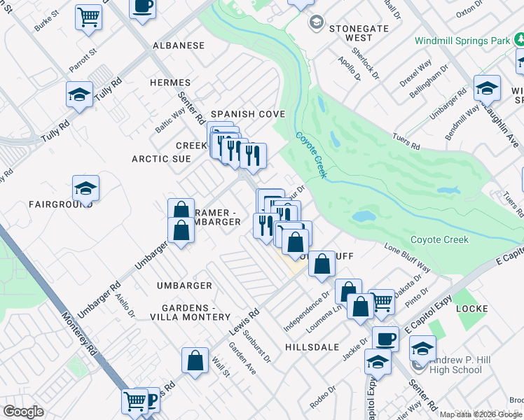 map of restaurants, bars, coffee shops, grocery stores, and more near 619 Balfour Drive in San Jose