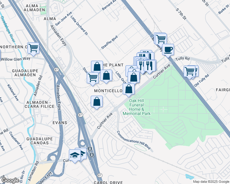 map of restaurants, bars, coffee shops, grocery stores, and more near 2178 Monticello Avenue in San Jose