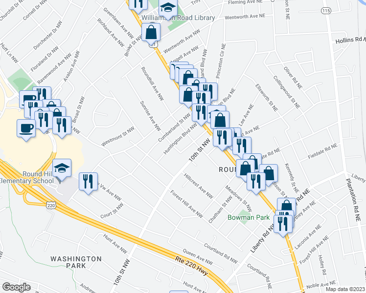 map of restaurants, bars, coffee shops, grocery stores, and more near 2812 Burton Avenue Northwest in Roanoke